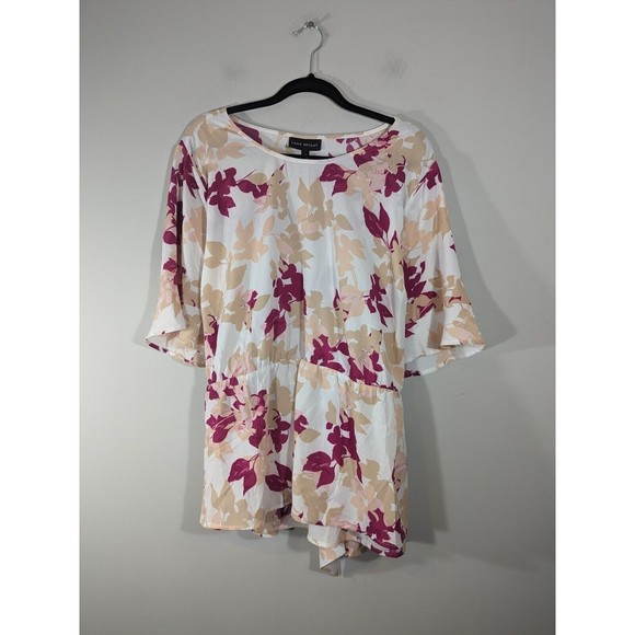 Lane Bryant Womens Floral Cream Pink Cinched Waist Tie Back Top Sz 28 Mature - Picture 2 of 9